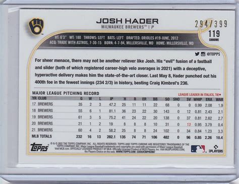 Topps Chrome Josh Hader Milwaukee Brewers Magenta Refractor D