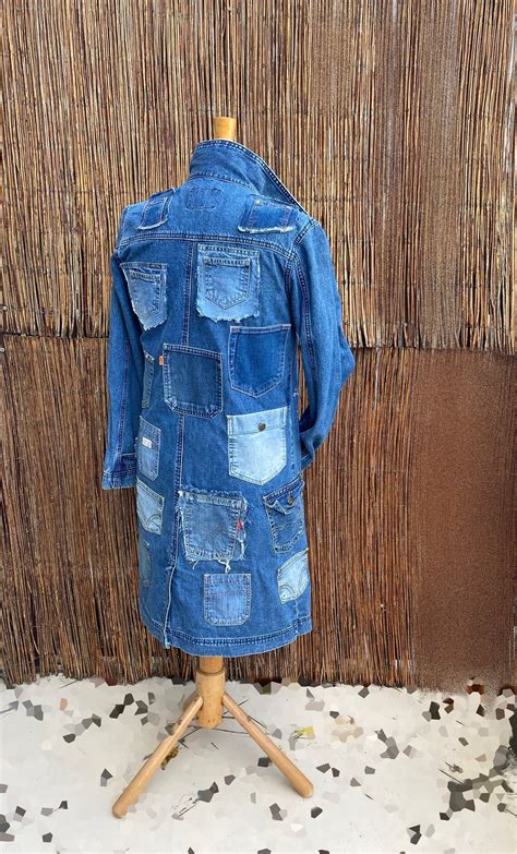 L Upcycle Denim Jacket Coat Long Recycled Denim Jacket Etsy