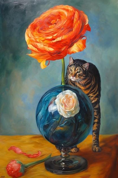 Una pintura de un gato y un jarrón con flores Foto Premium