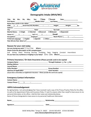 Fillable Online Demographic Intake MVA WC Advanced Spine Injury