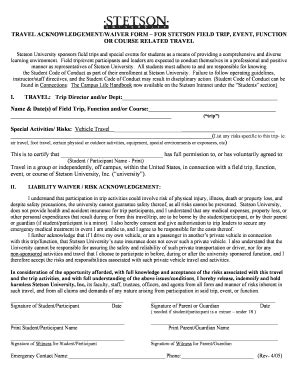 Fillable Online Stetson Travel Acknowledgement Waiver Form For