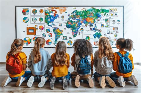 Elementary School Students Observe Colorful World Map Poster Stock ...