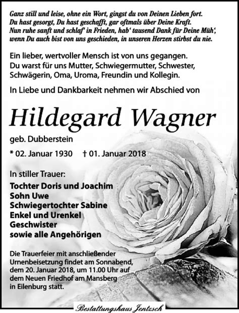 Traueranzeigen Von Hildegard Wagner Trauer Anzeigen De