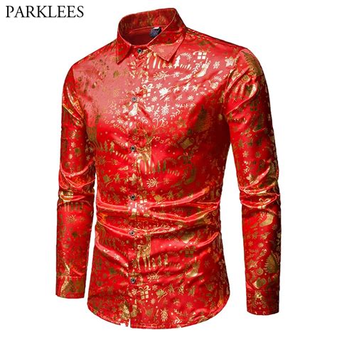 Red Christmas Shirt Men 2018 Fashion 3d Christmas Tree Printed Shirt Mens Slim Fit Long Sleeve