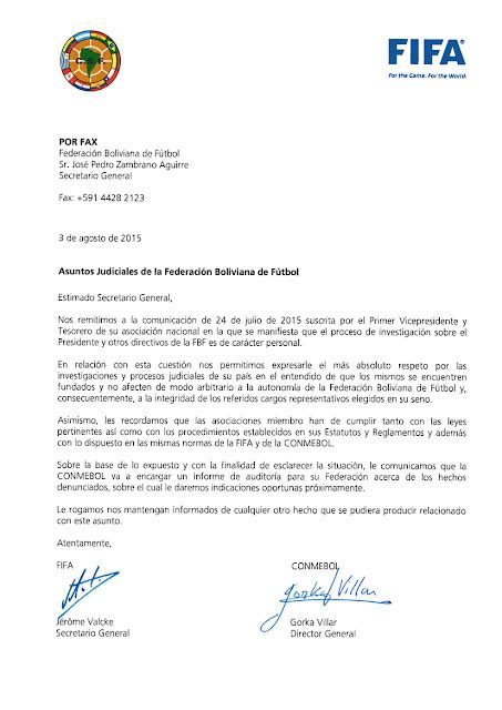 Actualidad FBF Carta Enviada De FIFA Y CONMEBOL A La FBF