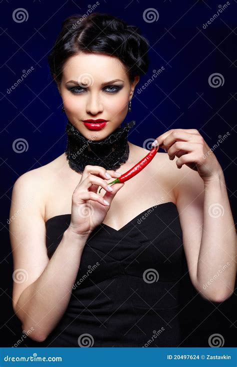Beautiful Brunette Woman With Cayenne Stock Photo Image Of Elegant Chili