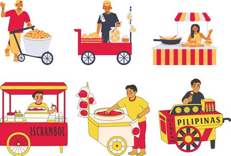 Street Food Cart And People Vector Illustration Set Street Food Stall