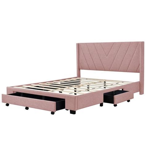 Harper And Bright Designs Pink Wood Frame Queen Size Linen Upholstered Platform Bed With 3 Drawers