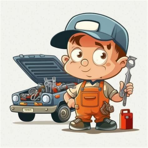 Mecánico reparando el personaje de dibujos animados del automóvil