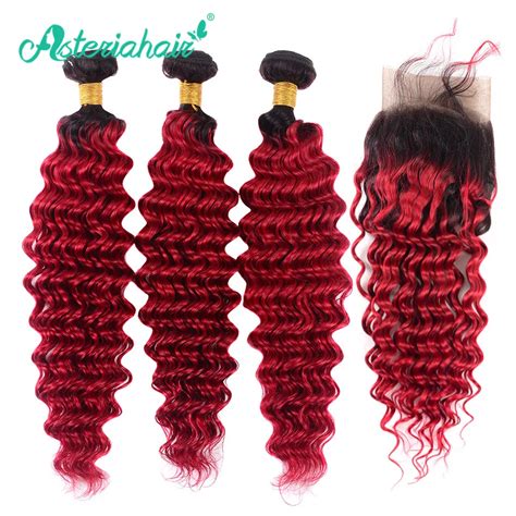 Asteria Brazilian Deep Wave Human Hair Bundles With Closure 1B Red