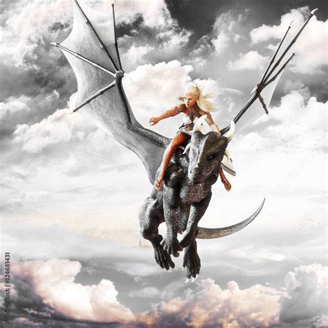 Dragon Rider Blonde Female Riding The Back Of A Black Flying Dragon