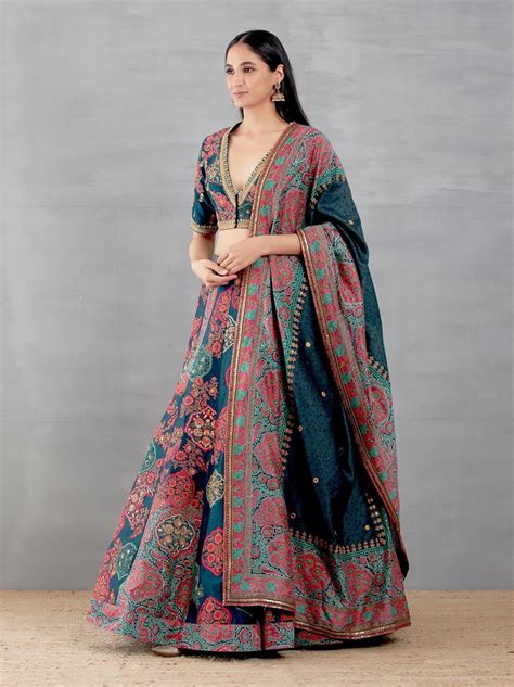 Blue Mughal Print Lehenga With Mughal Embroidery Blouse And Dupatta Debyani Embroidery