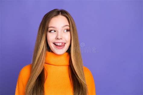 Portrait Photo Of Youth Charming Blonde Hair Cute Happy Girl Licking Her Teeth Hungry Choosing