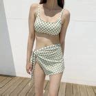 Seautne Set Plaid Tankini Top Bikini Bottom Wrap Swim Skirt