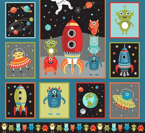 Patchworkstoff Weltraum Astronauten Raketen Outer Space Panel