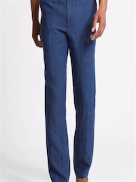 Buy Marks Spencer Men Blue Straight Fit Solid Regular Trousers