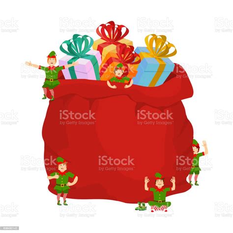 Bag Santa With Ts And Christmas Elves Red Sack Toys Stock Illustration Download Image Now