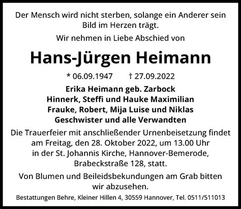 Traueranzeigen Von Hans J Rgen Heimann Trauer Anzeigen De