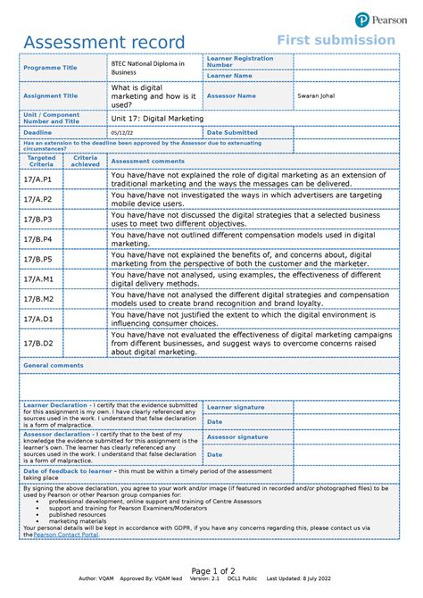 Btec Assessment Record Unit 17 Assignment 1 Assessment Record First Submission Programme Title