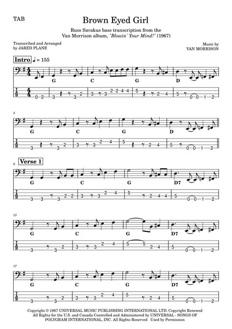 Brown Eyed Girl Arr Jared Plane By Van Morrison Sheet Music For Bass