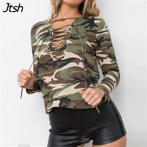 Lace Up Camouflage Military Shirt Women Tops Sexy Army Green Long