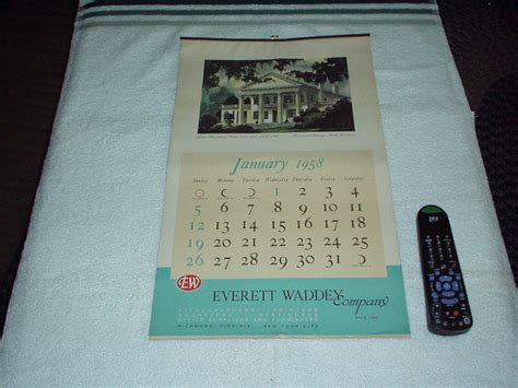 1958 Everett Waddey Co 12 Month Collectible Wall Calendar Famous Nc