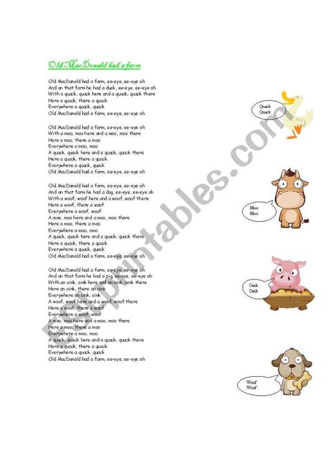 English Worksheets Old Macdonald Had A Farm