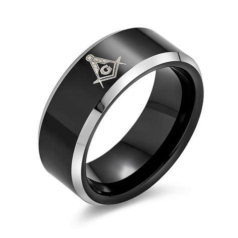 Bling Jewelry Laser Etched Freemason Masonic Compass Black Band Titanium Ring 8mm