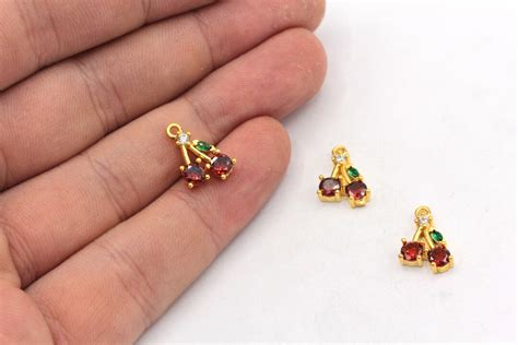 10x14mm 24k Shiny Gold Cherry Charm Cz Micro Pave Cherry Charm