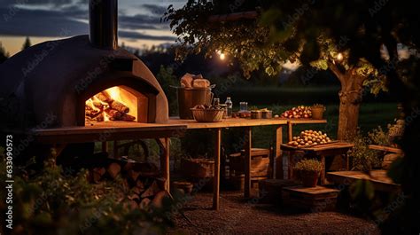 a rustic outdoor wood - fired oven with artisan pizza, hand pulling the ...