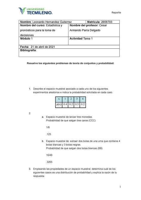 Tarea 1 Estadística y pronósticos para la toma de decisiones Nombre