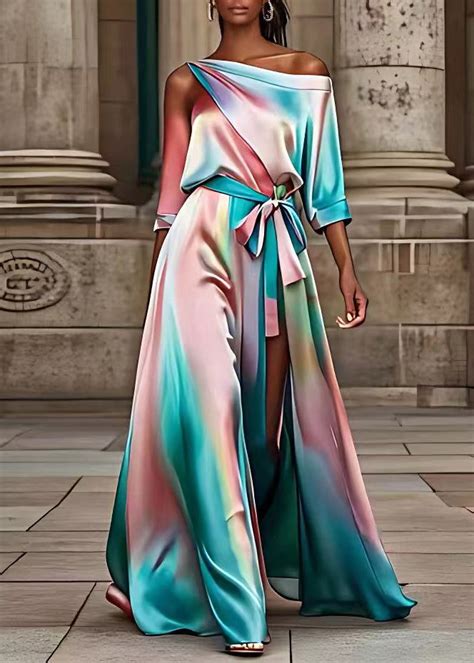 Fashion Rainbow Asymmetrical Patchwork Silk Maxi Dress Summer Summer