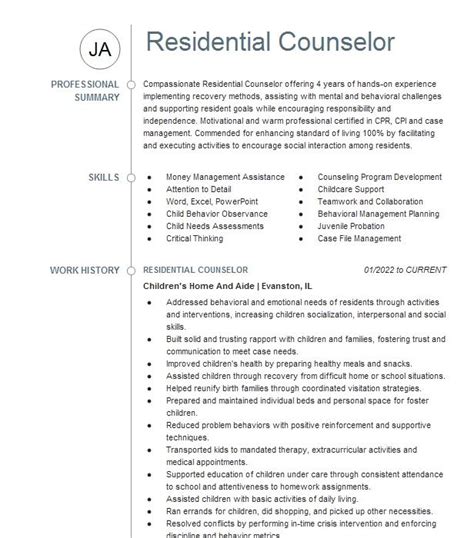 Residential Counselor Resume Example