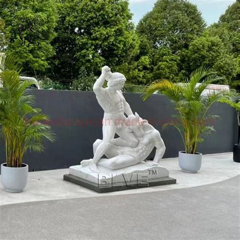 Blve Garden Life Size Greek God Heracles And Minotaur Statue Marble Fighting Naked Man Hercules