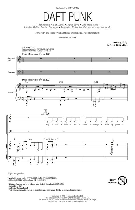 Daft Punk Choral Medley Arr Mark Brymer By Pentatonix Sheet Music