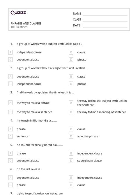 Phrases And Clauses Worksheets On Quizizz Free Printable