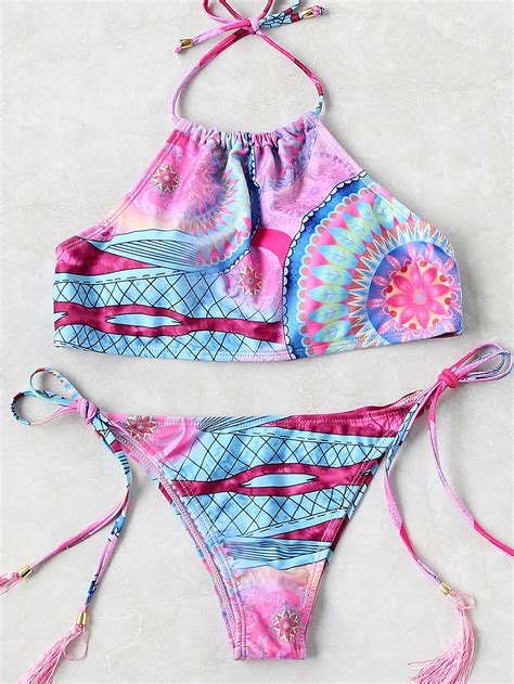 Mixed Print Tassel Tie Halter Bikini Set SheIn Sheinside