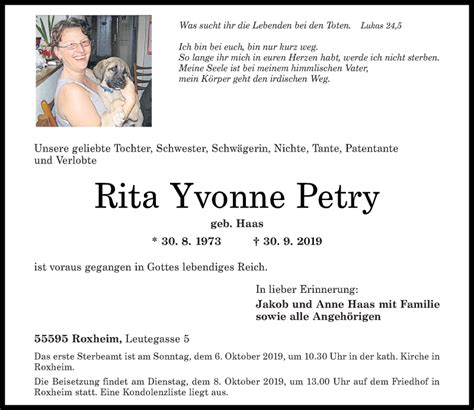 Traueranzeigen Von Rita Yvonne Petry Rz Trauer De