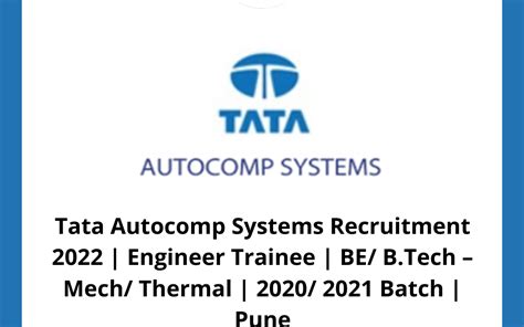 Tata Autocomp Systems Recruitment 2022 Engineer Trainee BE B Tech