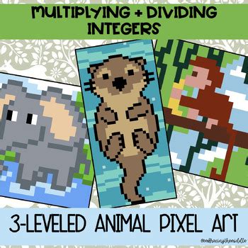 Multiplying and Dividing Integers 3-Leveled Animals Pixel Art | Excel | Math