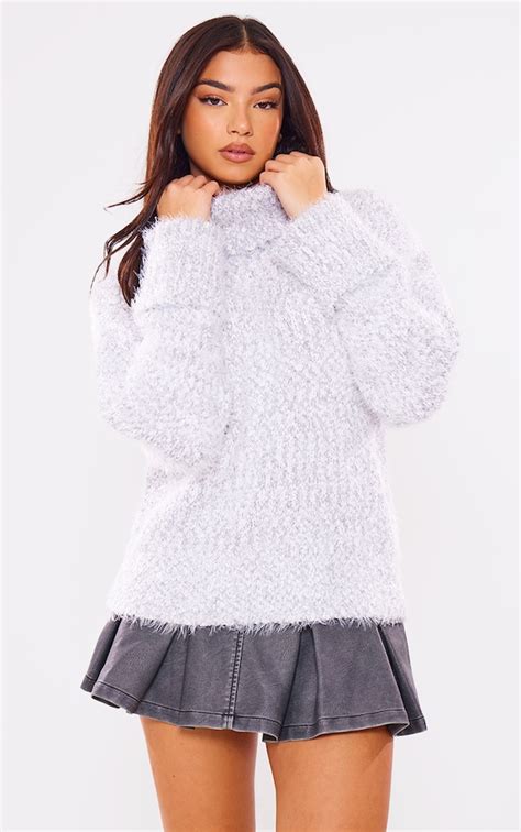 White Fluffy Roll Neck Knit Sweater Knitwear Prettylittlething Uae