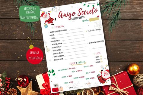 Spanish Version Instant Download Fun Secret Santa Questionnaire, Perfect for Your Gift Exchange