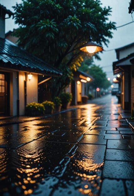 Premium Photo | A rainy street with a light on it and a street light on it