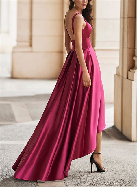 A Line V Neck Sleeveless Asymmetrical Satin Bridesmaid Dresses Missacc