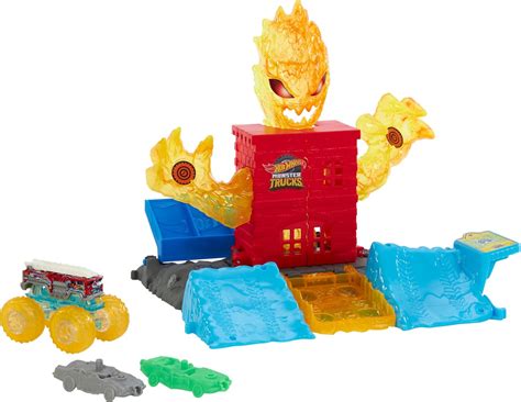 Amazon Hot Wheels Monster Trucks Toy Playset 1 64 Scale 5 Alarm Firetruck Battles The Fire