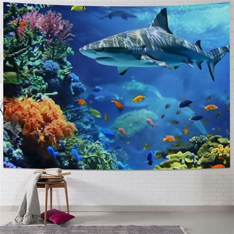 Shiartex Sea Turtle Tapestry Tropical Fish And Coral Reef Under Blue