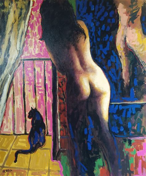 E C Bell Parade Colorful Vertical Indoor Painting Expressionist Female Nude With Cat For