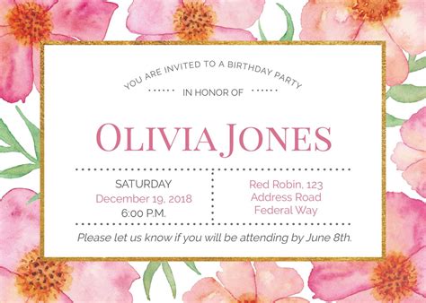 Birthday Invitations, silk cardstock, standard envelopes, 1x, flowers ...