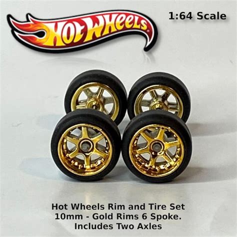 Toys 4 Sets Hot Wheels 10mm 10mm JDM Gold And Yellow Rims 6 Spoke Rubber Tire Sets Toys Games