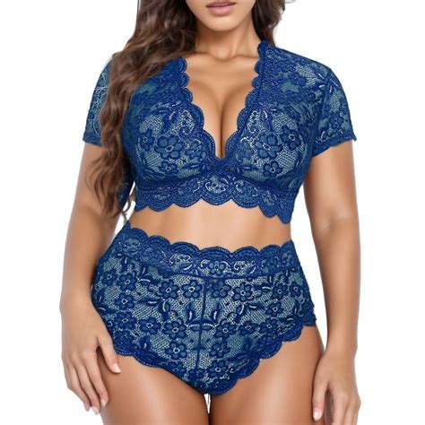 Riforla Plus Size Lingerie V Neck High Waist Floral Lace Bra And Panty